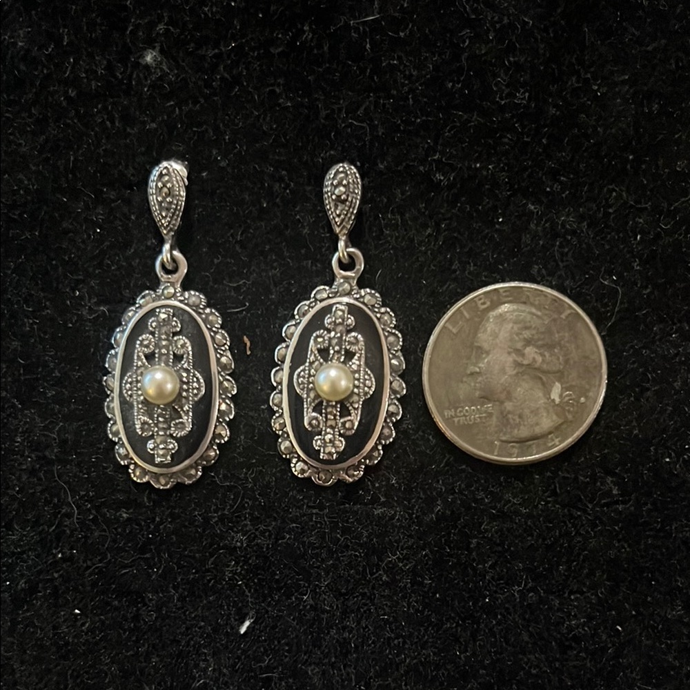 Elegant Silver and Pearl Marcasite and Onyx Drop Earrings